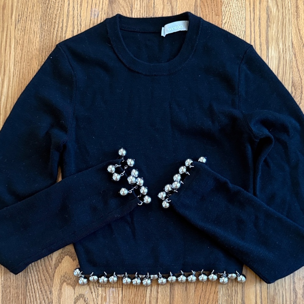 Rabanne Black Crop Wool Sweater with silver beaded trims
